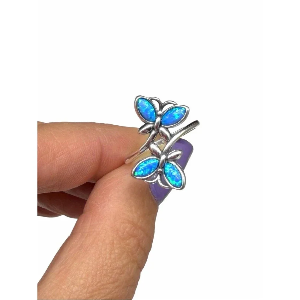 Butterfly Blue Fire Opal Ring Size 6 Solid 925 Sterling Silver Butterflies